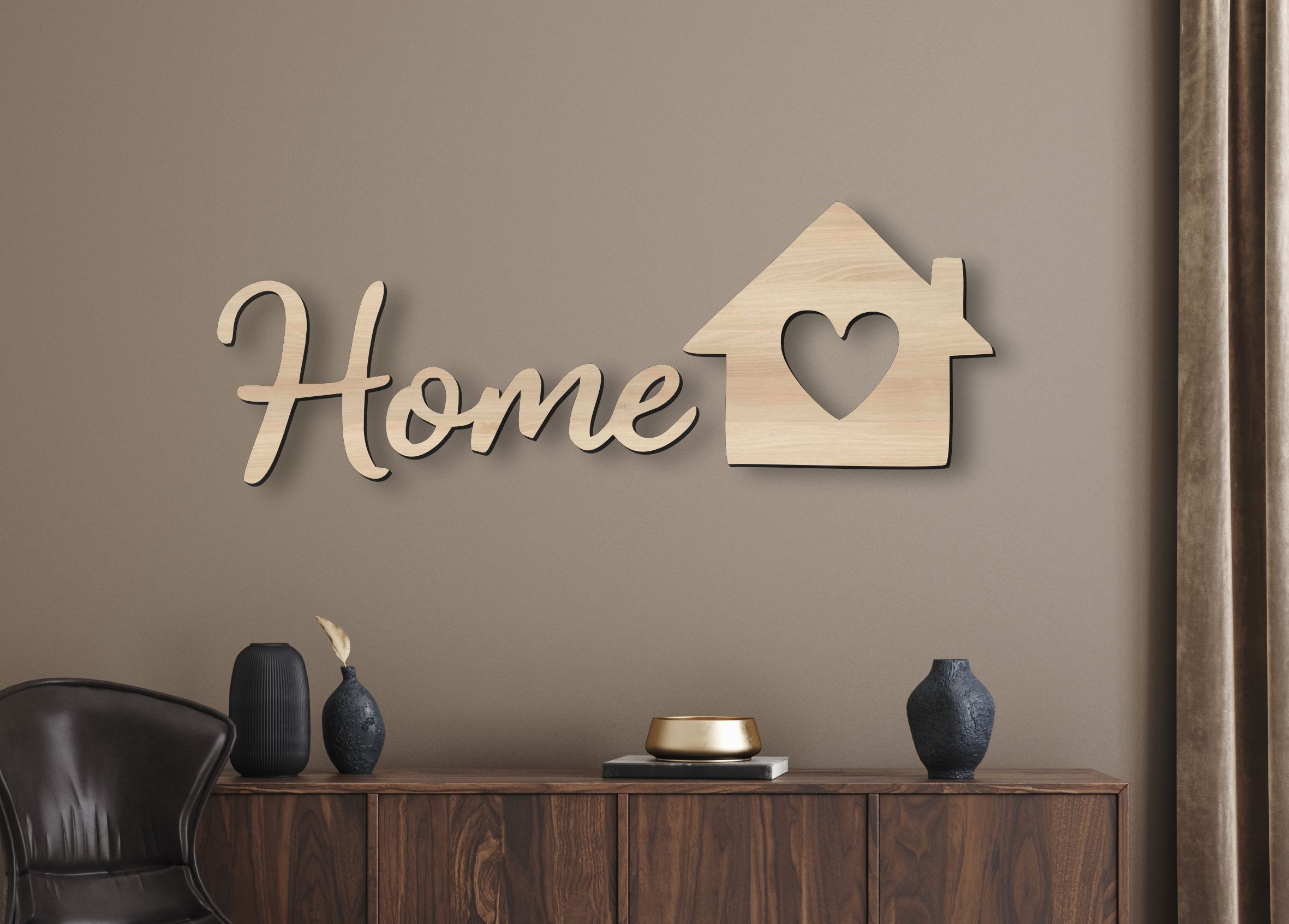 Fa fali felirat – Home, házikóval és szívvel
