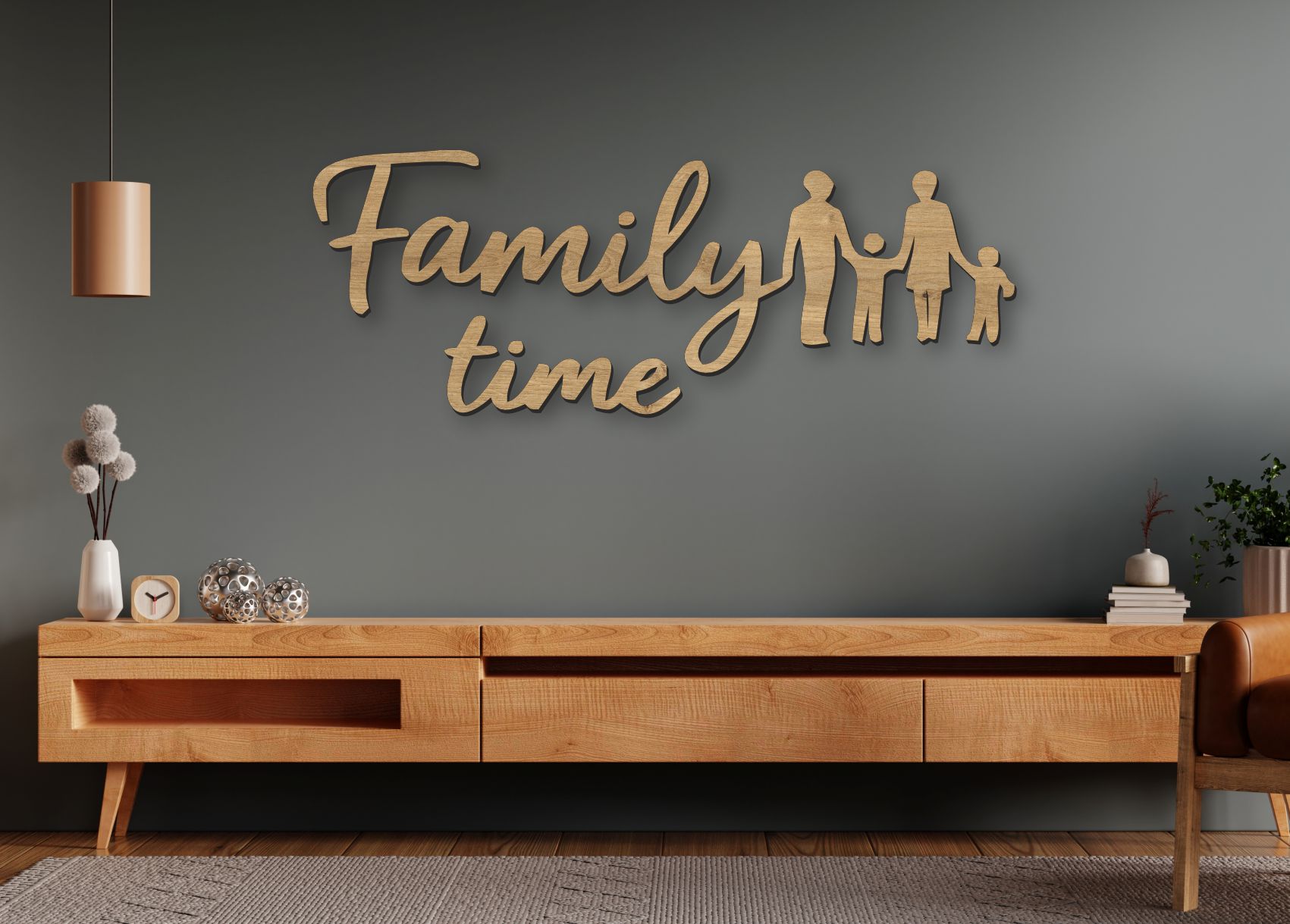 Fa fali felirat – Family time, családi sziluettel