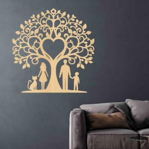 Családfa fából a falra - Anya, apa, fiú és macska
