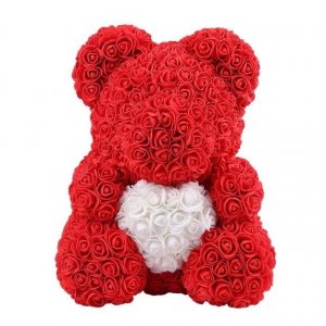 Rózsából készült mackó - piros 40 cm