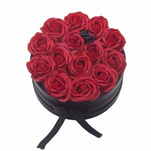 Ajándék doboz szappanvirágok - 14 piros rózsa - kör