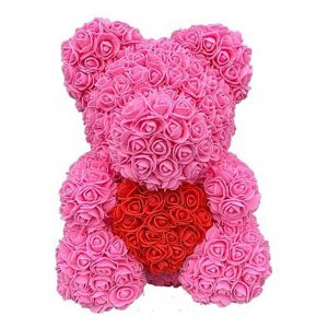 Rózsából készült mackó - rózsaszín szívvel 40 cm