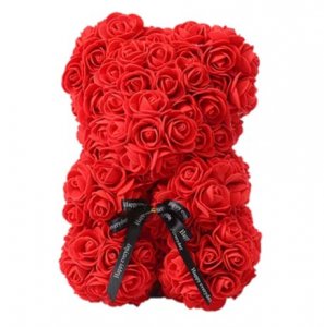 Rózsából készült mackó - piros 25 cm