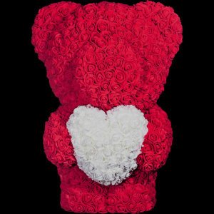 Rózsából készült mackó - bordó szívvel 40 cm