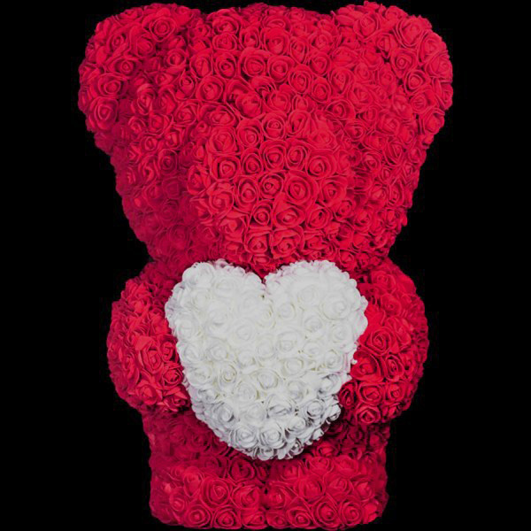 Rózsából készült mackó - bordó szívvel 40 cm